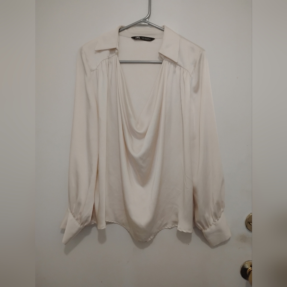 Zara Cream Drape Neck Blouse Size Medium Long Sleeve Elegant Top